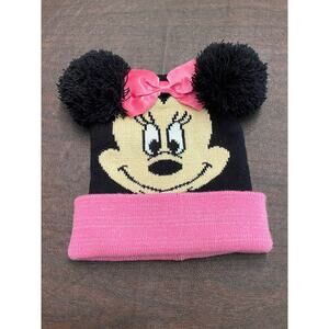 Disney Junior Minnie Mouse Black Knitted Winter‎ Beanie Hat Pom Poms Pink Bow